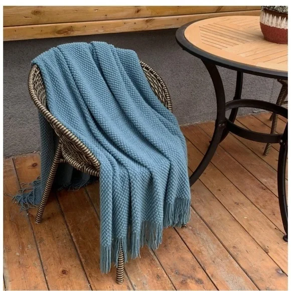 Cozy Knit Turquoise Teal Fringe Warm Blanket/Shawl for Couch/Bedroom/Dorm/Patio - Picture 7 of 16